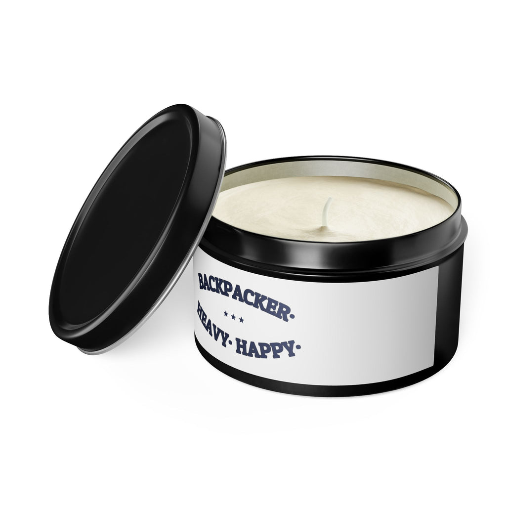 BACKPACKER. HEAVY. HAPPY. — Tin Candle | Funny Camping Gift | NullMade