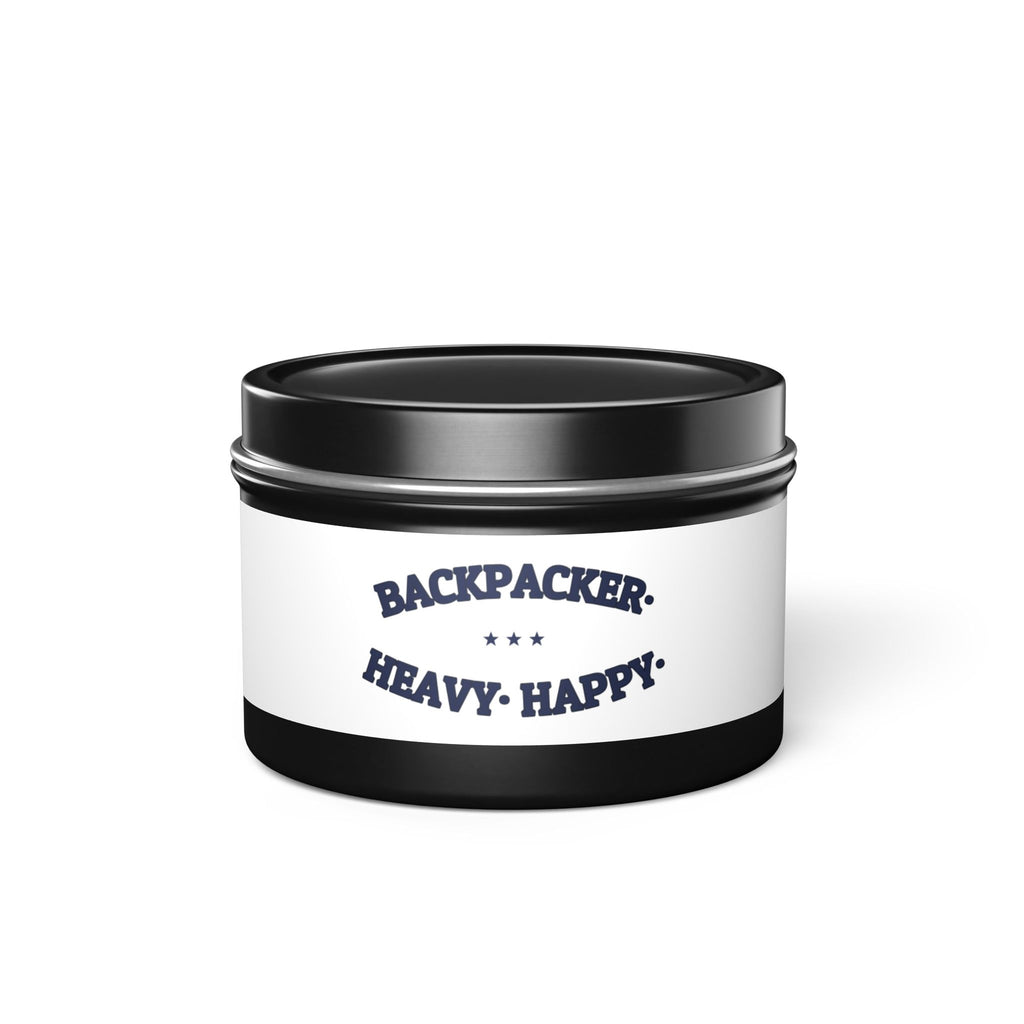 BACKPACKER. HEAVY. HAPPY. — Tin Candle | Funny Camping Gift | NullMade