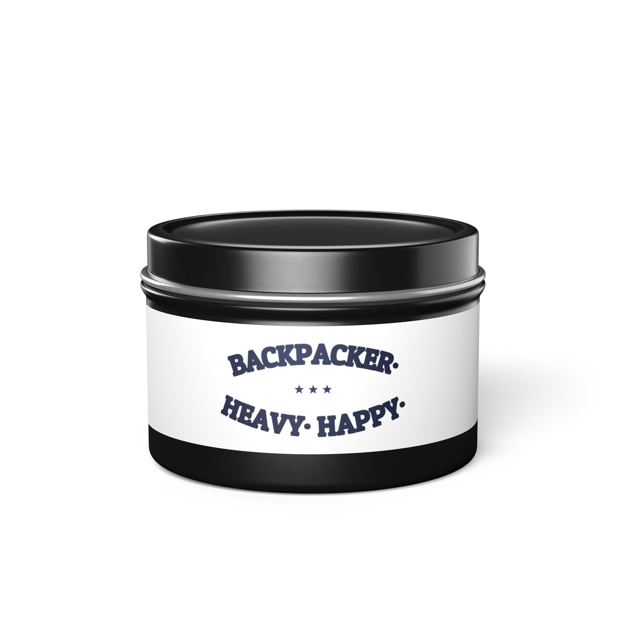 BACKPACKER. HEAVY. HAPPY. — Tin Candle | Funny Camping Gift | NullMade