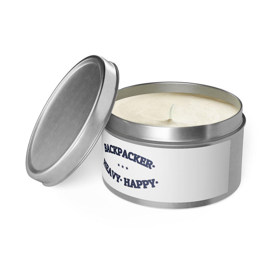 BACKPACKER. HEAVY. HAPPY. — Tin Candle | Funny Camping Gift | NullMade