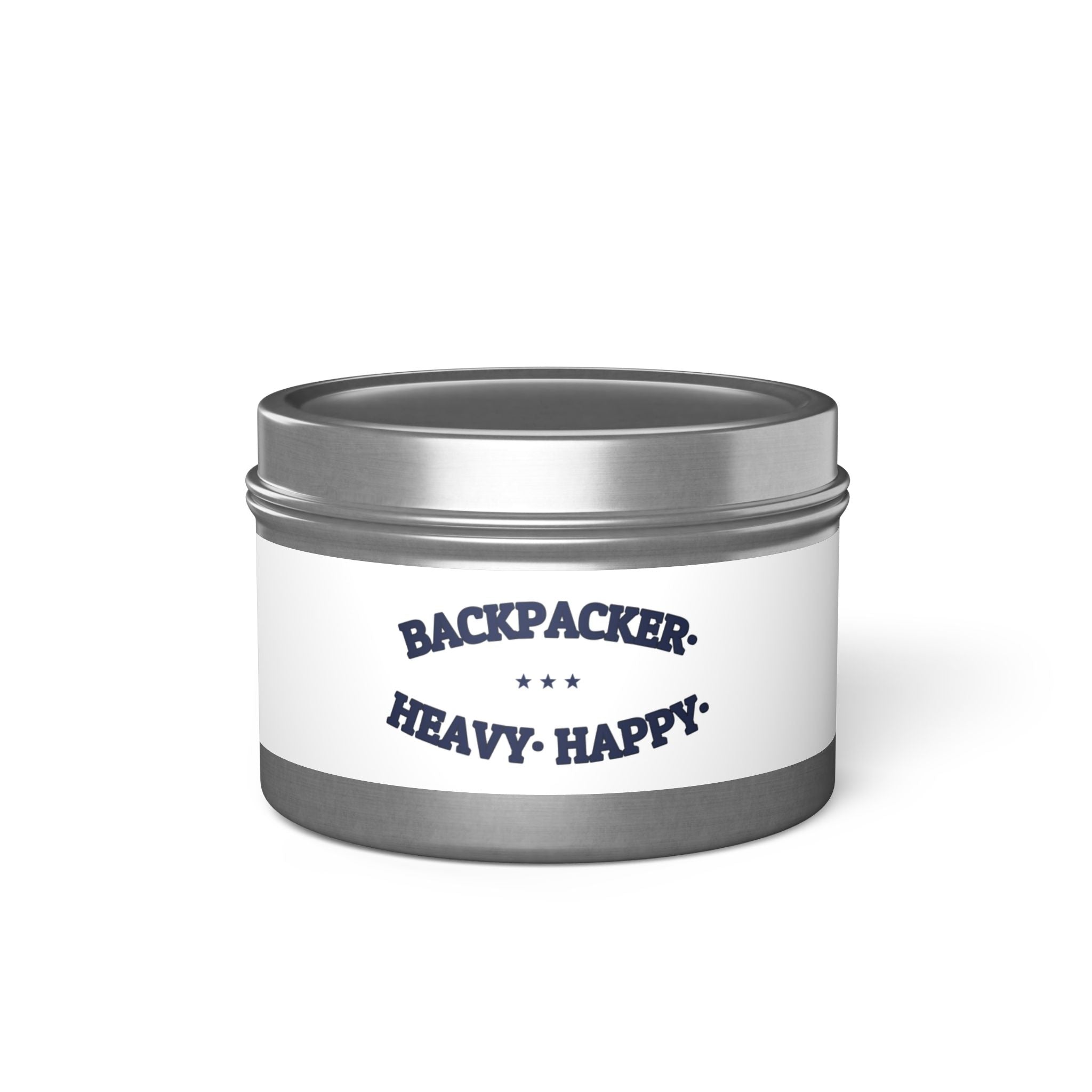 BACKPACKER. HEAVY. HAPPY. — Tin Candle | Funny Camping Gift | NullMade