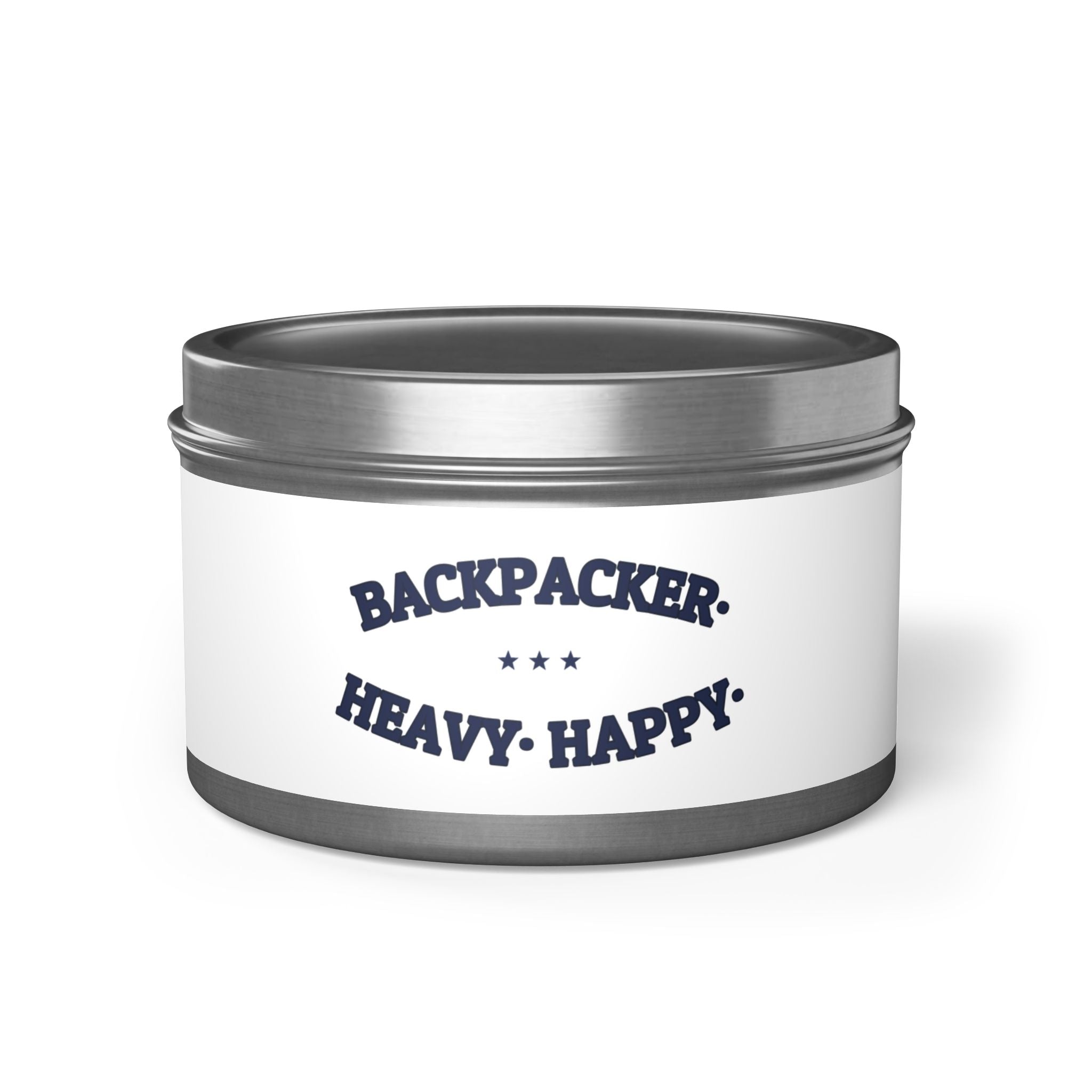 BACKPACKER. HEAVY. HAPPY. — Tin Candle | Funny Camping Gift | NullMade