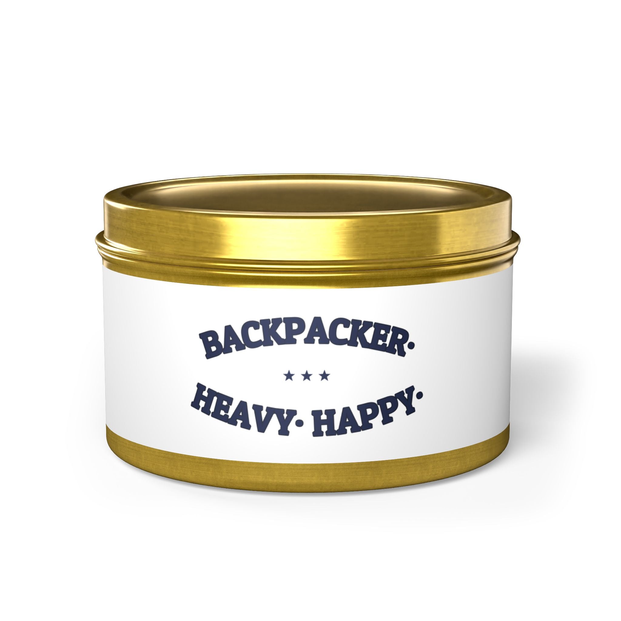 BACKPACKER. HEAVY. HAPPY. — Tin Candle | Funny Camping Gift | NullMade