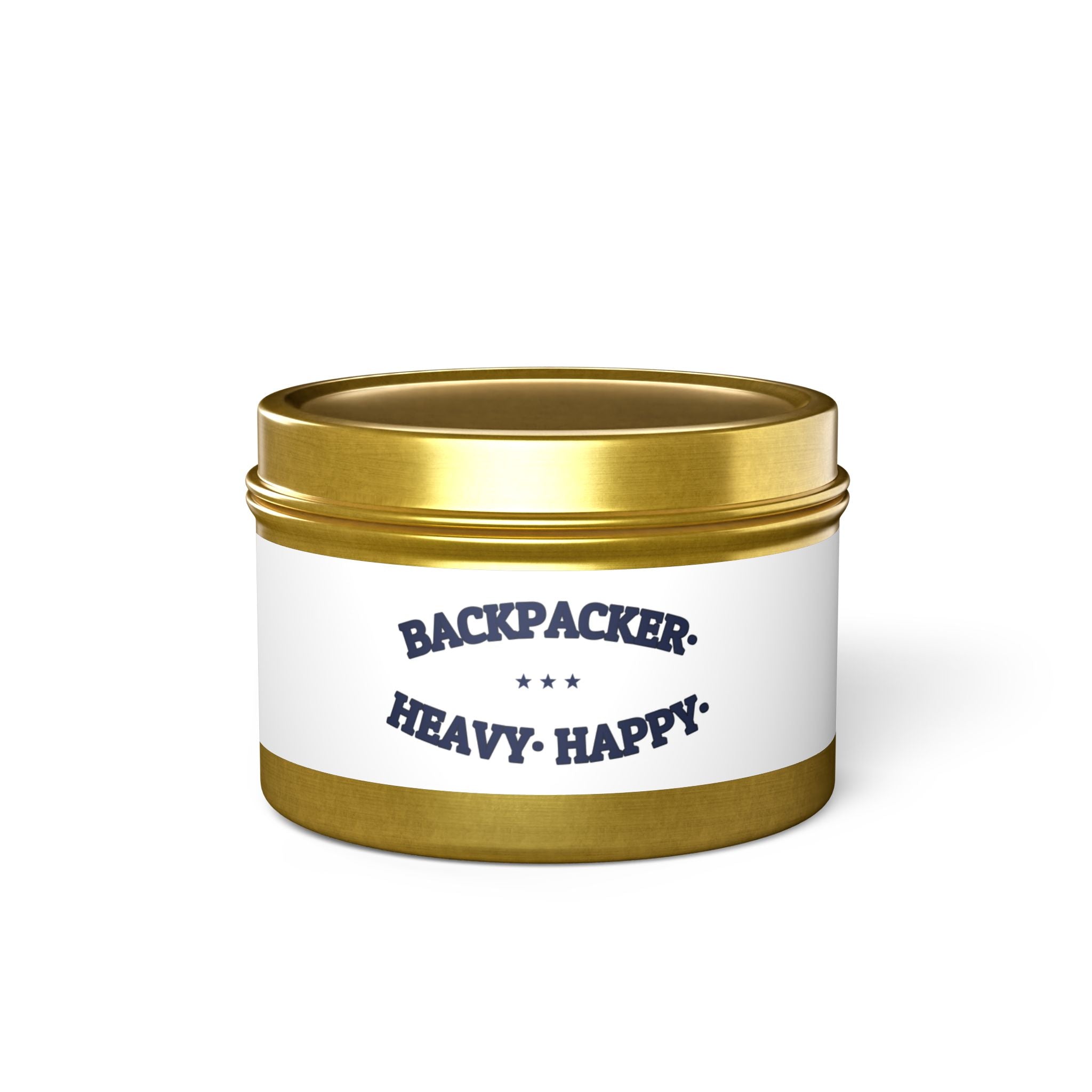 BACKPACKER. HEAVY. HAPPY. — Tin Candle | Funny Camping Gift | NullMade