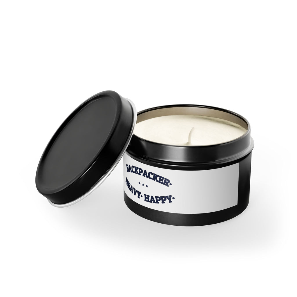 BACKPACKER. HEAVY. HAPPY. — Tin Candle | Funny Camping Gift | NullMade