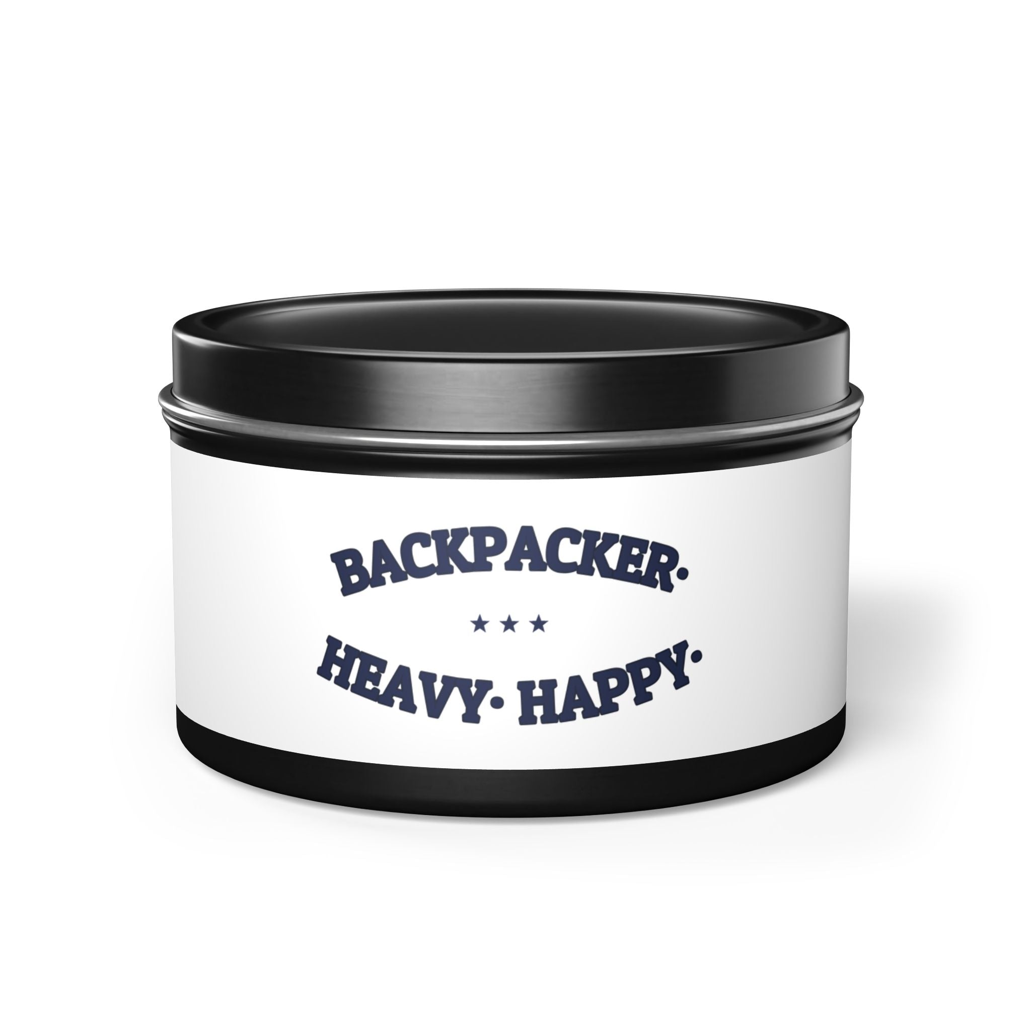 BACKPACKER. HEAVY. HAPPY. — Tin Candle | Funny Camping Gift | NullMade